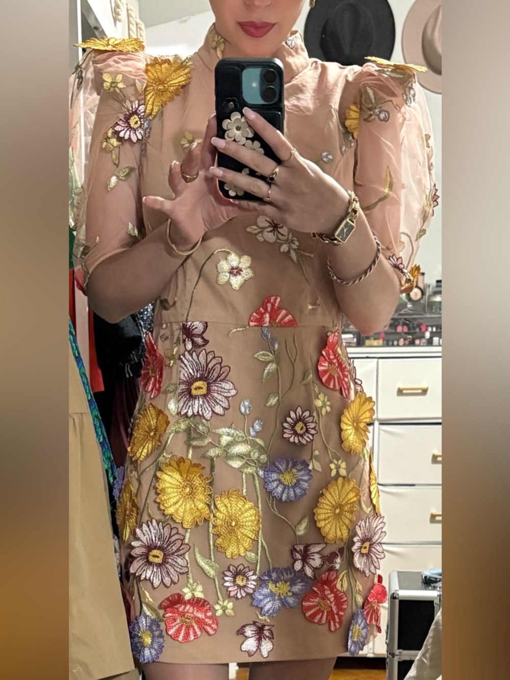 Elliatt Floral Embroidered Tan Dress with Yellow, Red & Purple Accents - Picture 3 of 3
